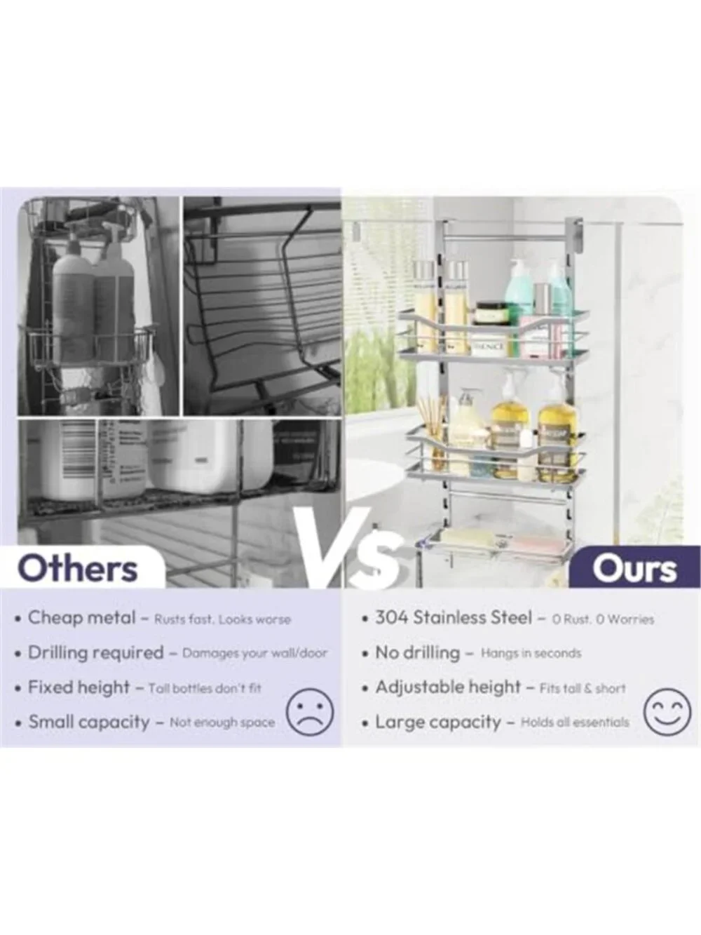 Over Door Shower Caddy 3 Tier Stainless Hanging Bathroom Organizer Rust Proof
